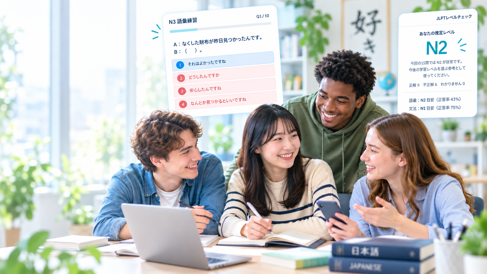 楽しそうに日本語を勉強している外国人学習者たち